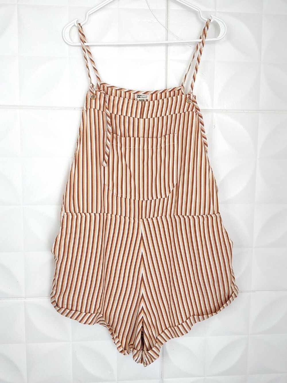 NWT Billabong Striped Romper Wild Pursuit Short Overalls Brown Stripe XL 14